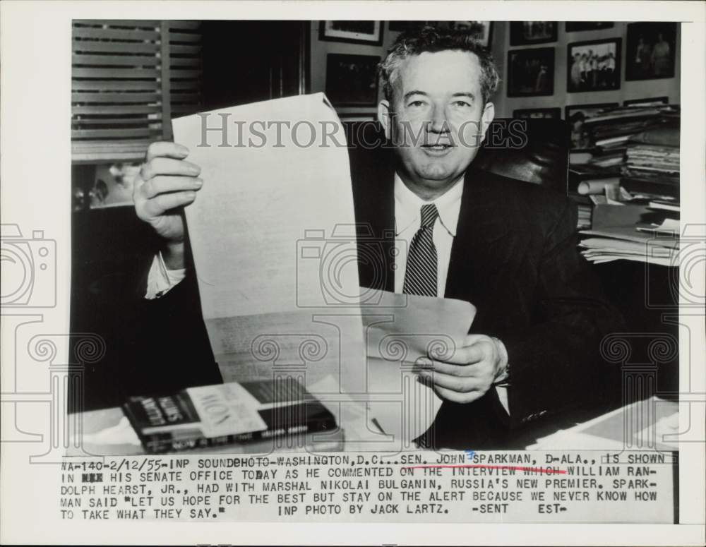 1955 Press Photo Senator John Sparkman in his Washington Senate office- Historic Images