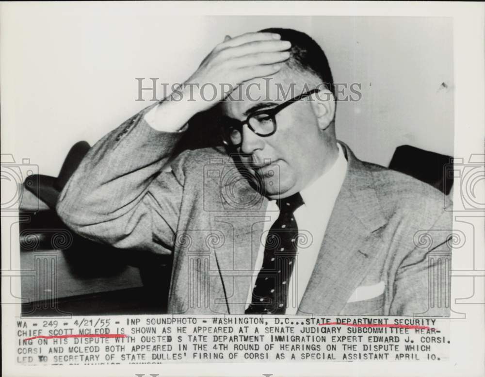 1955 Press Photo Scott McLeod appears at Senate Judiciary hearing in Washington.- Historic Images