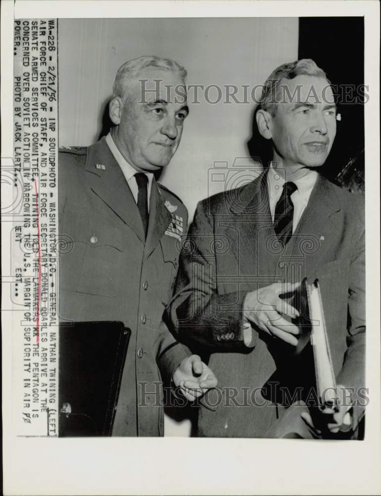 1956 Press Photo Nathan Twining and Donald Quarles arrive Armed Services hearing- Historic Images