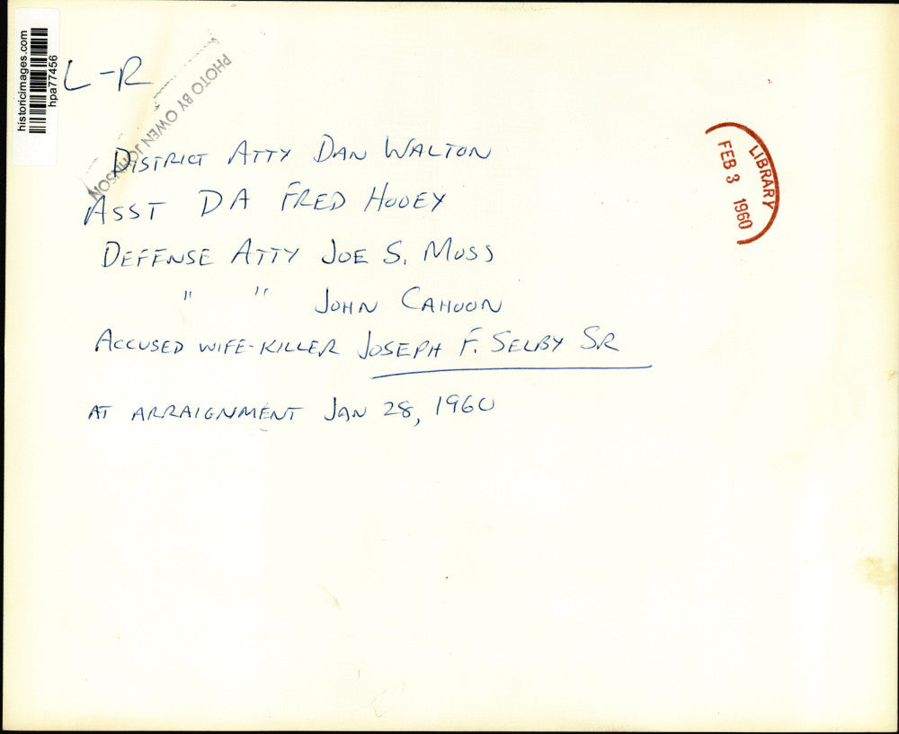 1960 Press Photo Joseph Selby, attorneys, prosecutors at arraignment.