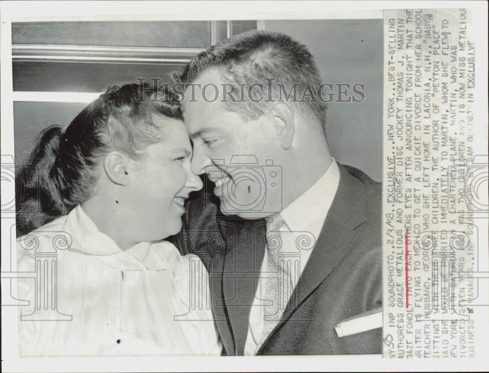 1958 Press Photo Grace Metalious and future husband Thomas Martin in New York.- Historic Images