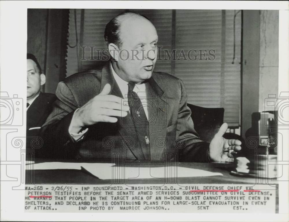 1955 Press Photo Val Peterson testifies at Senate Armed Services in Washington.- Historic Images