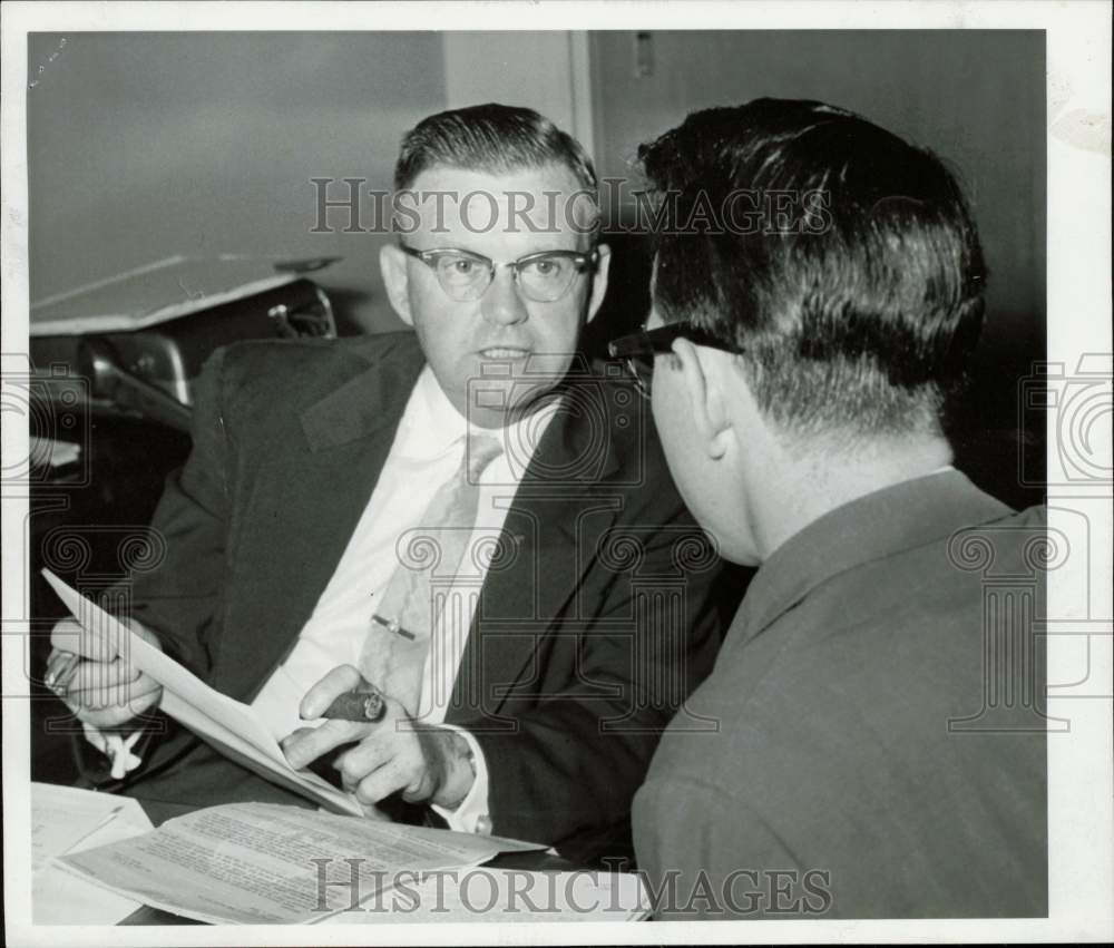 1956 Press Photo William H. Pugh of Texas National Bank confers with colleague- Historic Images