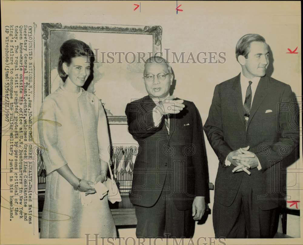 1967 Press Photo Greek Royalty welcomed by U Thant at United Nations in NY.- Historic Images