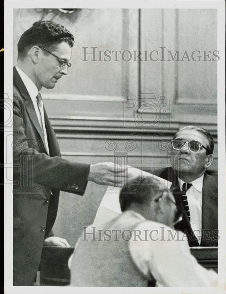 1955 Press Photo Dan Walton questions witness Sacco. - hpa81029- Historic Images