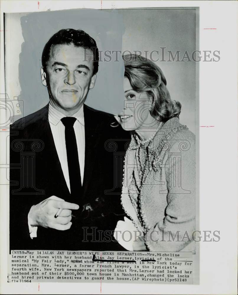 1964 Press Photo Micheline Lerner poses with husband lyricist Alan Jay Lerner.- Historic Images