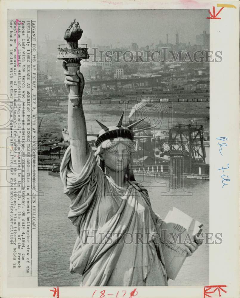 1964 Press Photo Statue of Liberty viewed by helicopter. - hpa81970- Historic Images