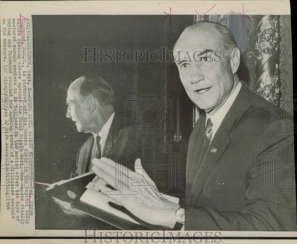 1966 Press Photo Senator Strom Thurmond opens Civil Rights filibuster in D.C.- Historic Images