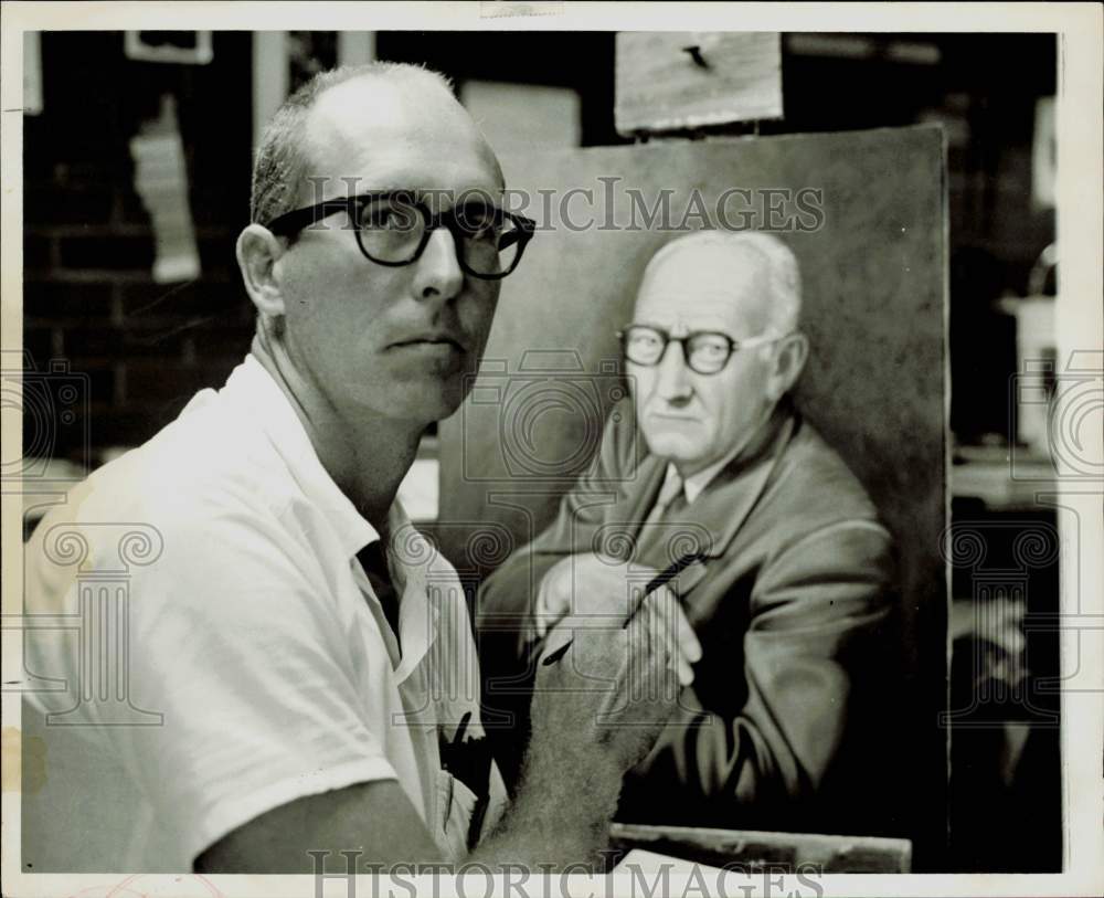 1966 Press Photo Allen Runo, prison artist, pauses in the midst of painting.- Historic Images