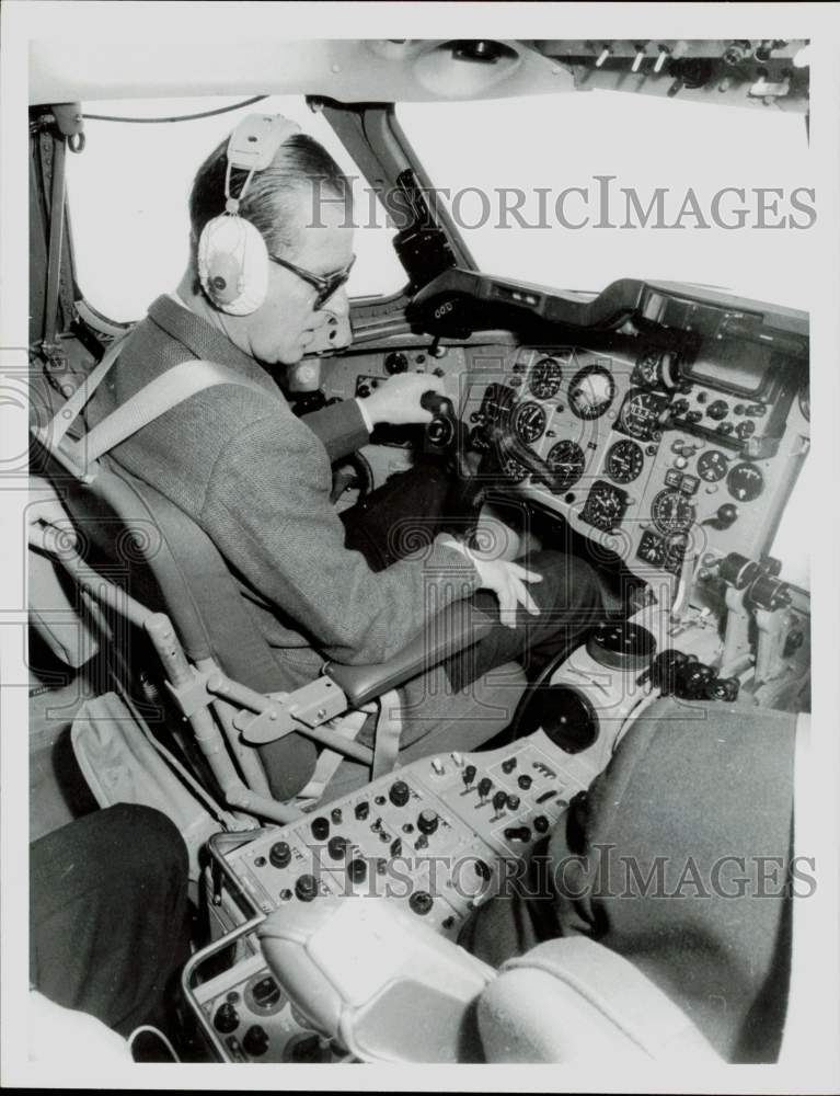 1966 Press Photo Prince Philip sits at controls of his jet airliner. - hpa83906- Historic Images