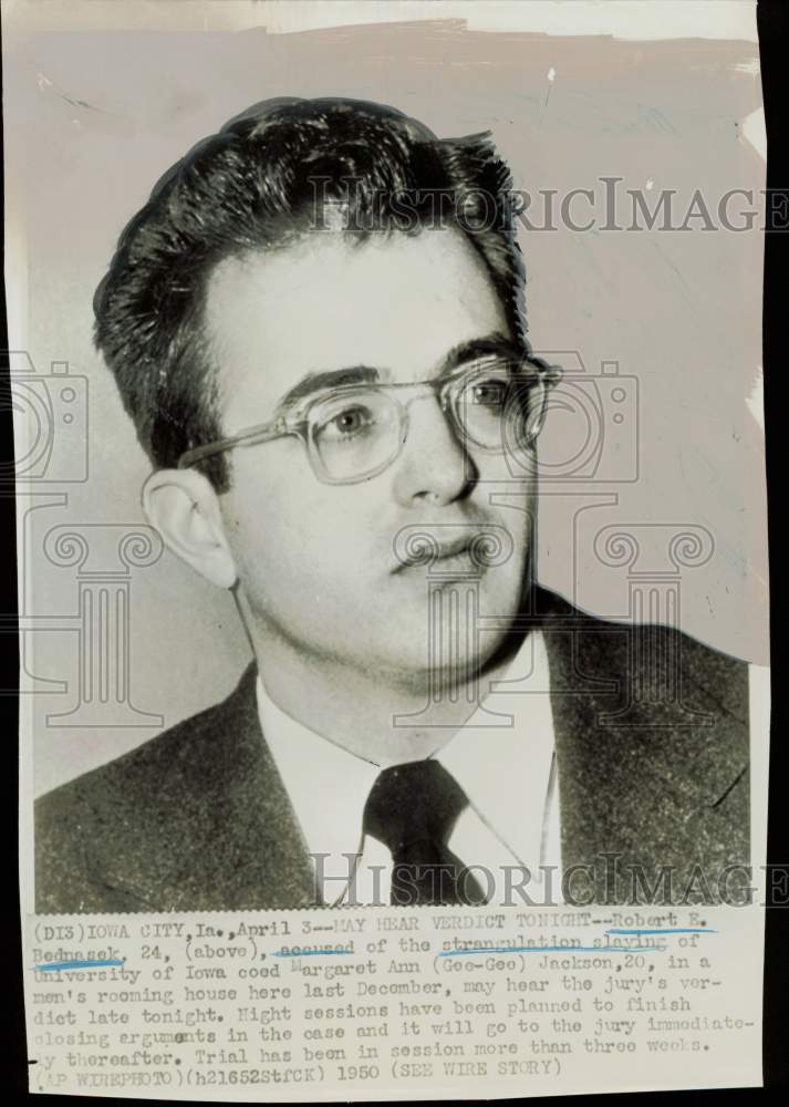 1950 Press Photo Robert Bednasek accused of slaying Margaret Jackson in Iowa.- Historic Images