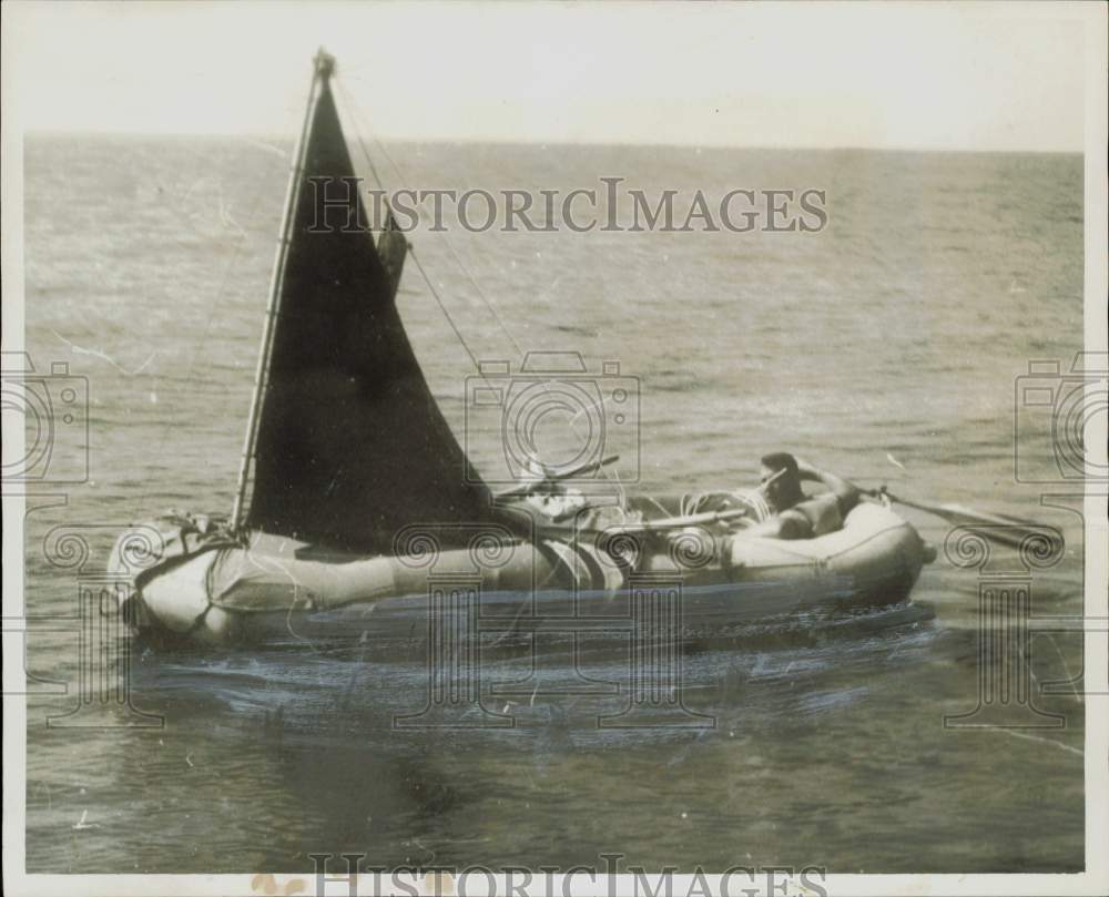 1957 Press Photo Michel Golden cruises on raft from Brownsville to Galveston.- Historic Images