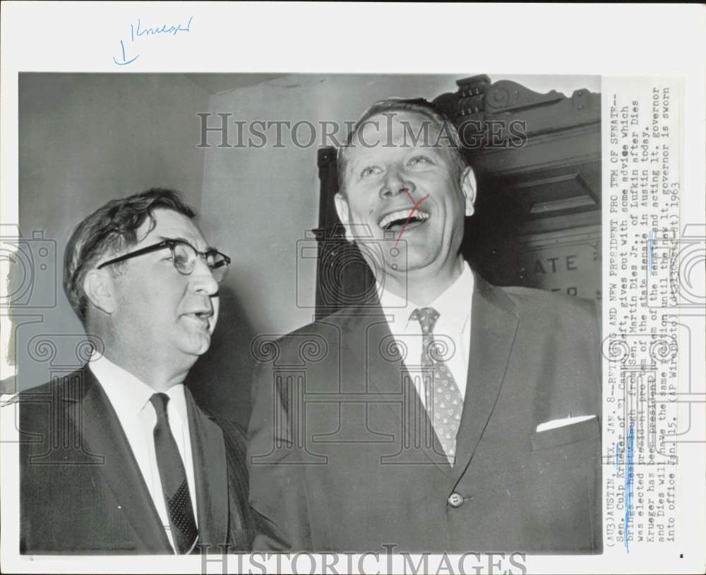 1963 Press Photo Senators Culp Krueger and Martin Dies laughing in Austin.- Historic Images