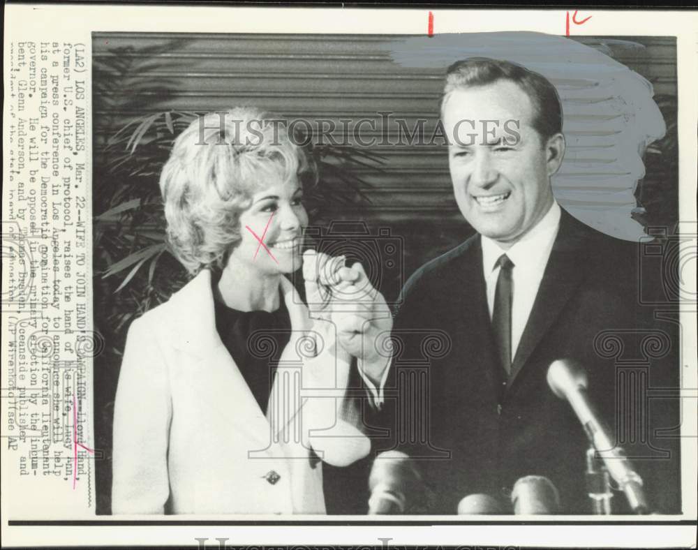 1966 Press Photo Lloyd Hand &amp; Wife Lucy Ann at Los Angeles Press Conference- Historic Images