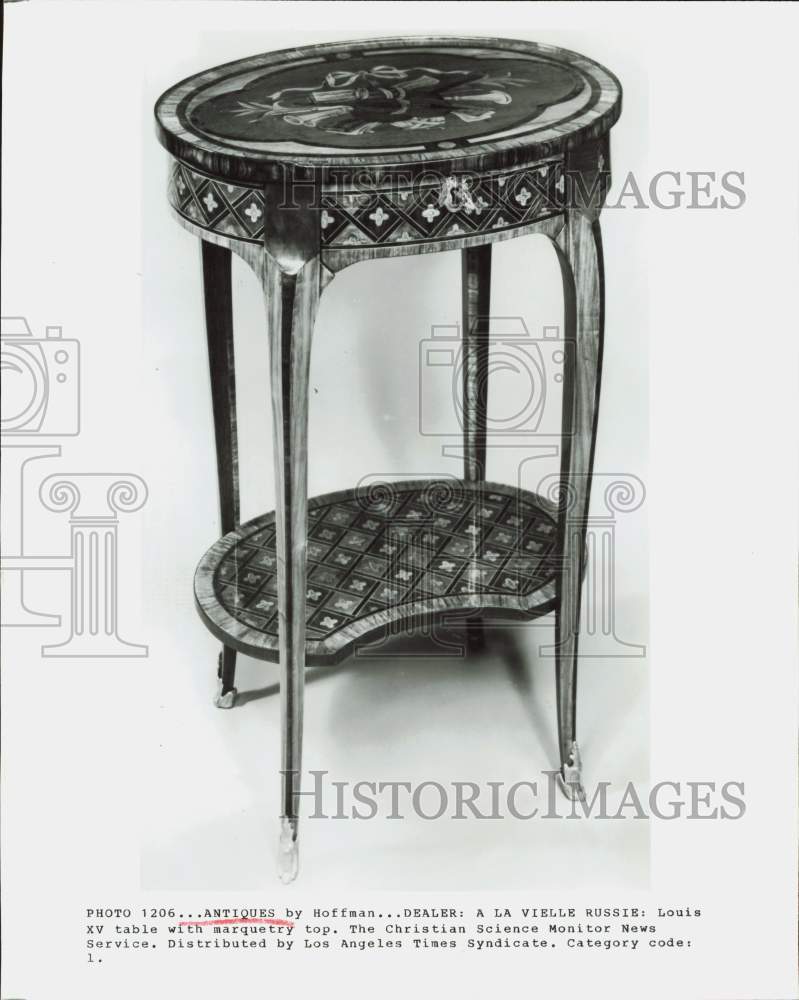 Press Photo Antique Louis XV Table with Marquetry Top - hpa89103- Historic Images