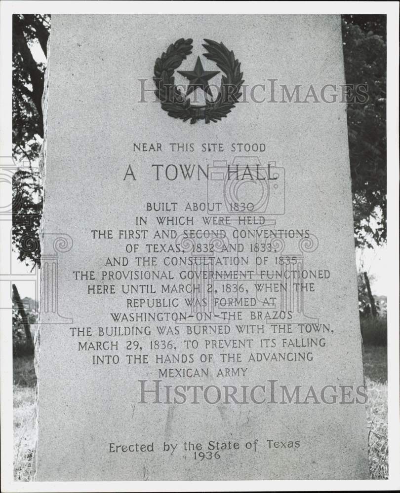 1956 Press Photo Town Hall Monument at Stephen F. Austin State Park, Texas- Historic Images