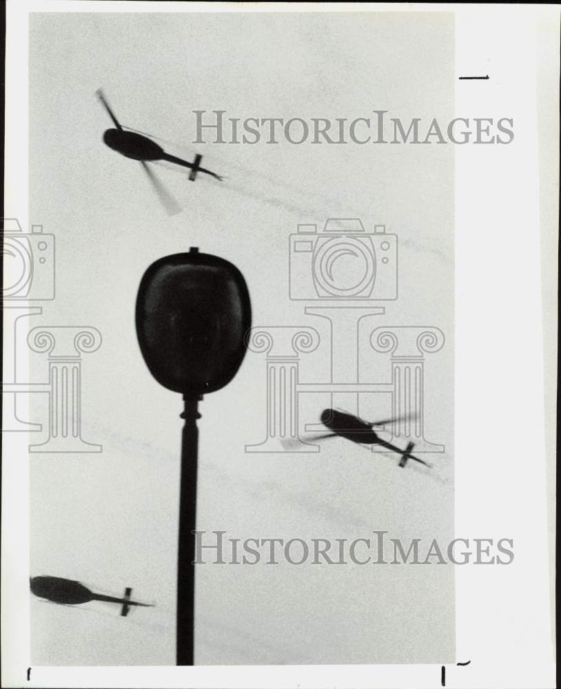 1977 Press Photo Army Helicopters at Houston&#39;s Armed Forces Day Parade- Historic Images