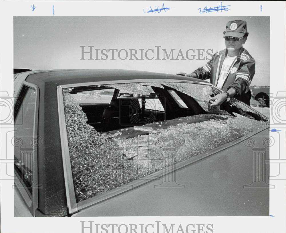 1979 Press Photo Gregory Sandoval with Vandalized Car with Broken Rear Window- Historic Images