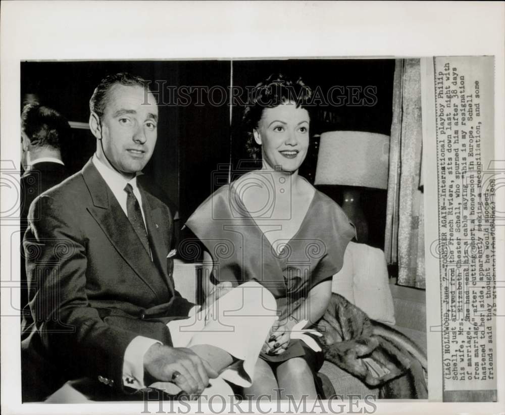 1958 Press Photo Philip Schell and wife Elizabeth meet in Hollywood. - hpa93820- Historic Images