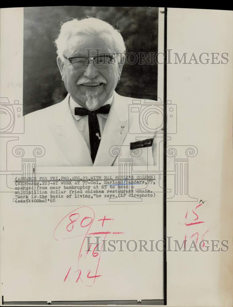 1968 Press Photo Harland Sanders heads fried chicken restaurant chain at age 77.- Historic Images
