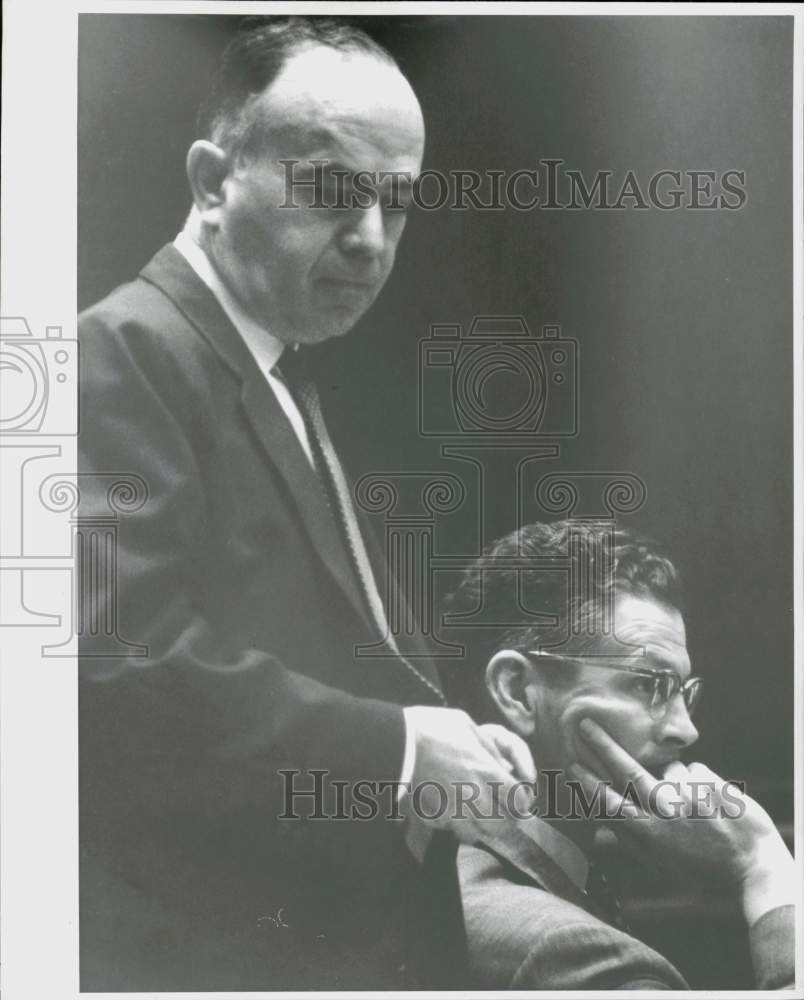 1959 Press Photo Eugene Brady, standing, with Dan Walton at meeting - hpa94994- Historic Images