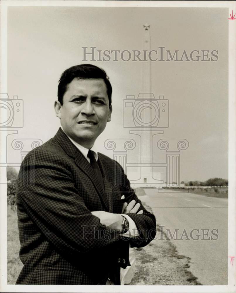 1967 Press Photo Nick Reyes stands at San Jacinto battleground. - hpa95605- Historic Images