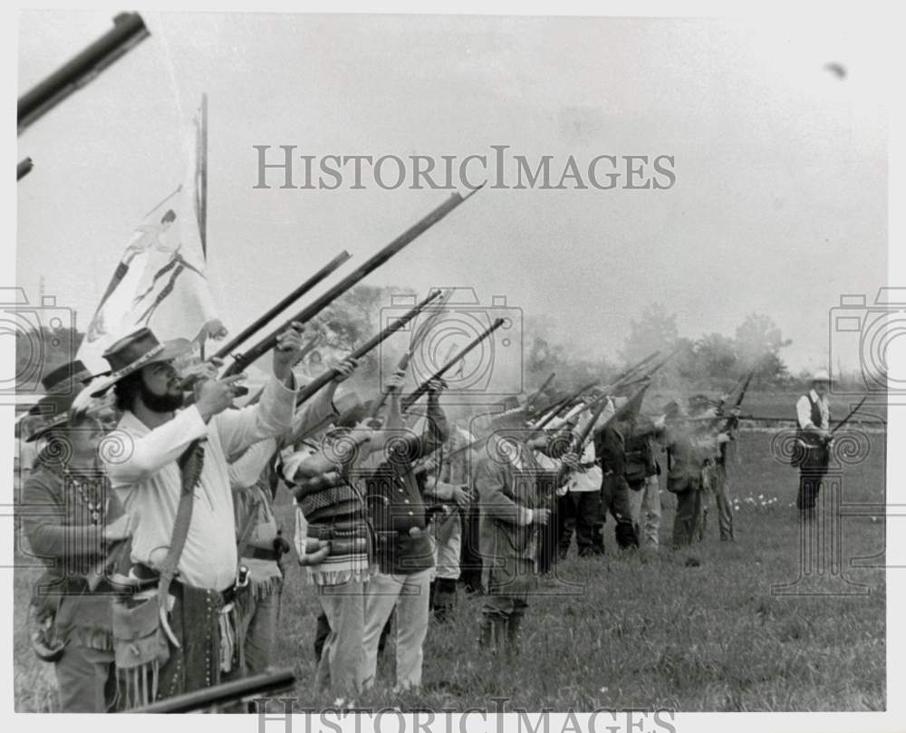 1977 Press Photo San Jacinto Day participants fire guns in salute. - hpa96780- Historic Images