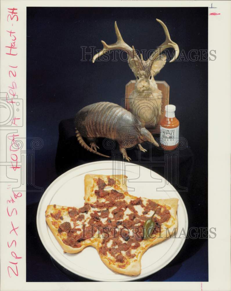 1991 Press Photo Texas shaped pizza shown with Texas paraphernalia. - hpa97715- Historic Images