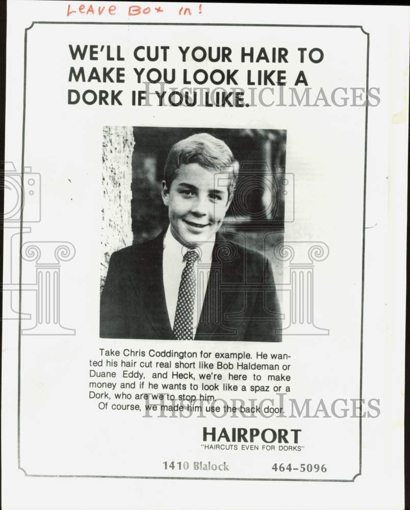 Press Photo Chris Coddington in Hairport &#39;Dork&#39; haircut advertisement.- Historic Images