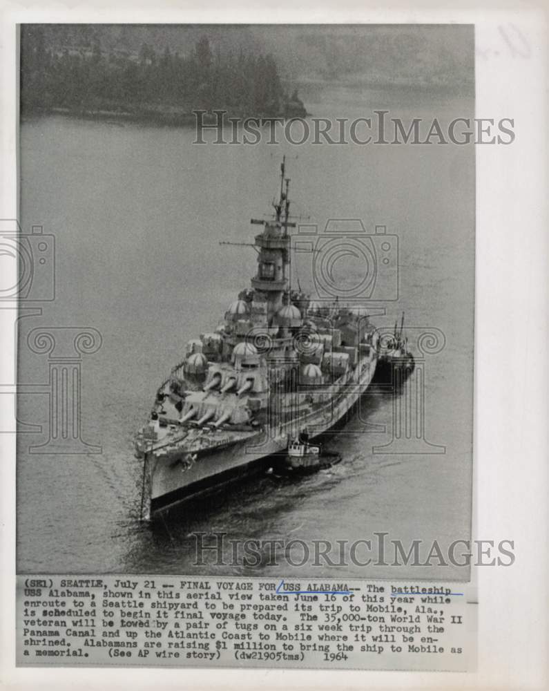 1964 Press Photo USS Alabama enroute to Seattle shipyard. - hpm01332