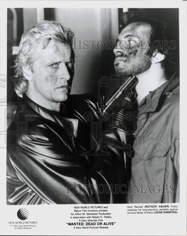 1986 Press Photo Rutger Hauer &amp; Gene Simmons in &quot;Wanted: Dead or Alive&quot; Movie- Historic Images