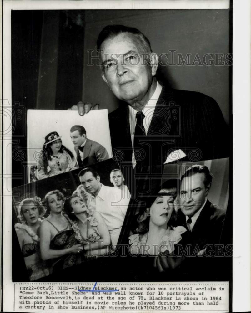 1964 Press Photo Actor Sidney Blackmer with Photos of Himself in Movies- Historic Images