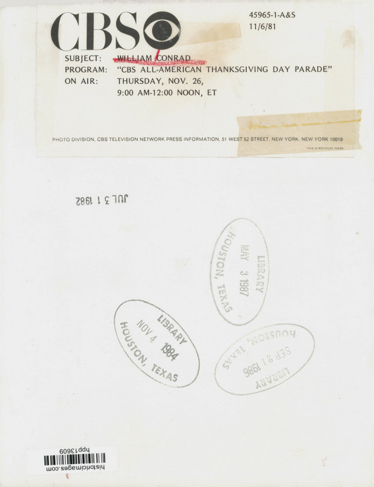 1981 Press Photo William Conrad featured on CBS All American Thanksgiving Parade