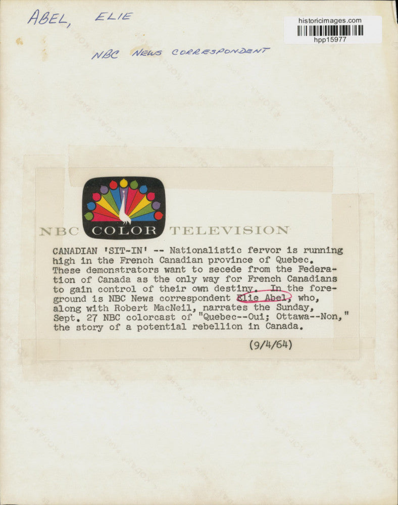 1964 Press Photo Elie Abel on "Quebec--Oui; Ottawa--Non," on NBC Television.