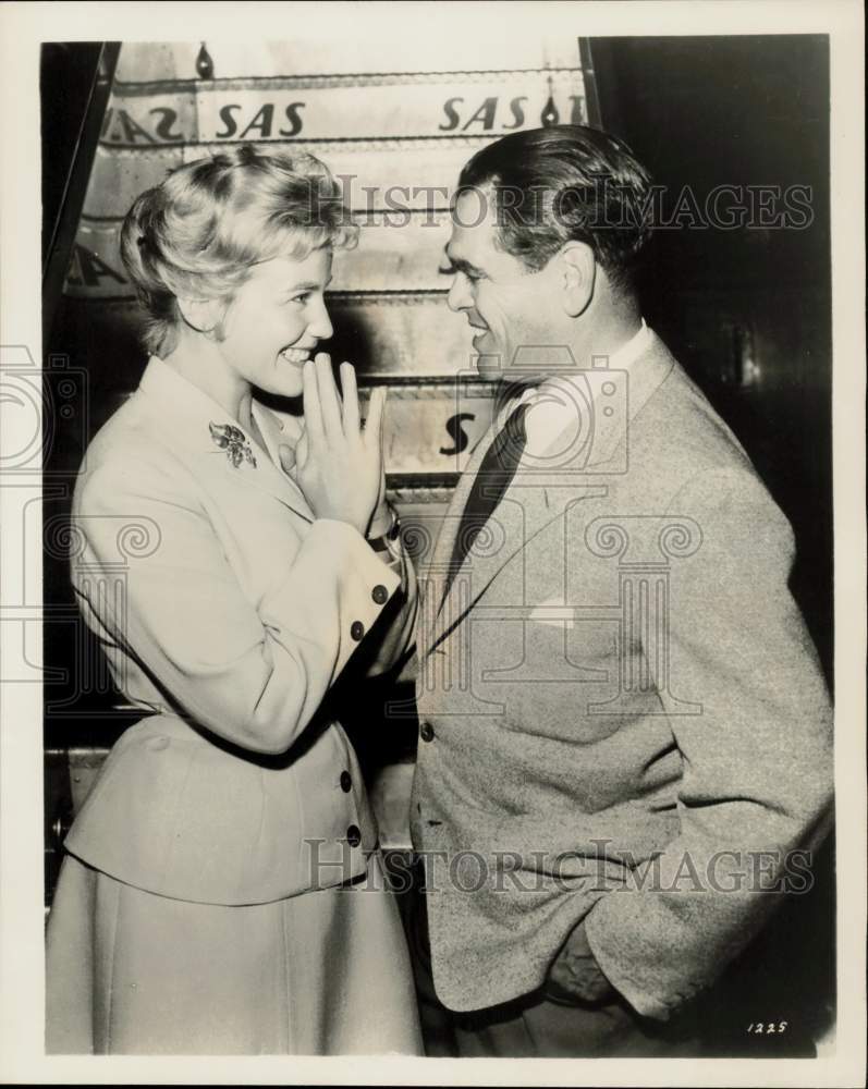 1957 Press Photo Pandro Berman &amp; Maria Schell on set of &quot;The Brothers Karamazov&quot;- Historic Images