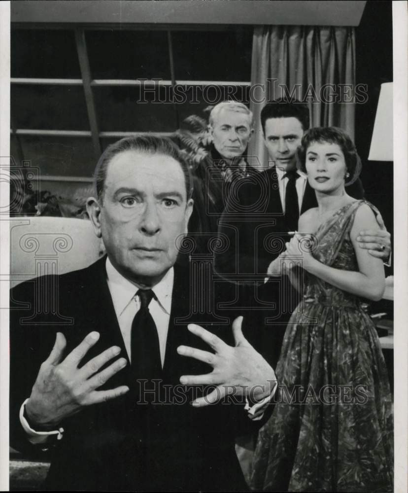 1957 Press Photo Sir Cedric Hardwicke and cast in a scene from &quot;Mr. Krane.&quot;- Historic Images