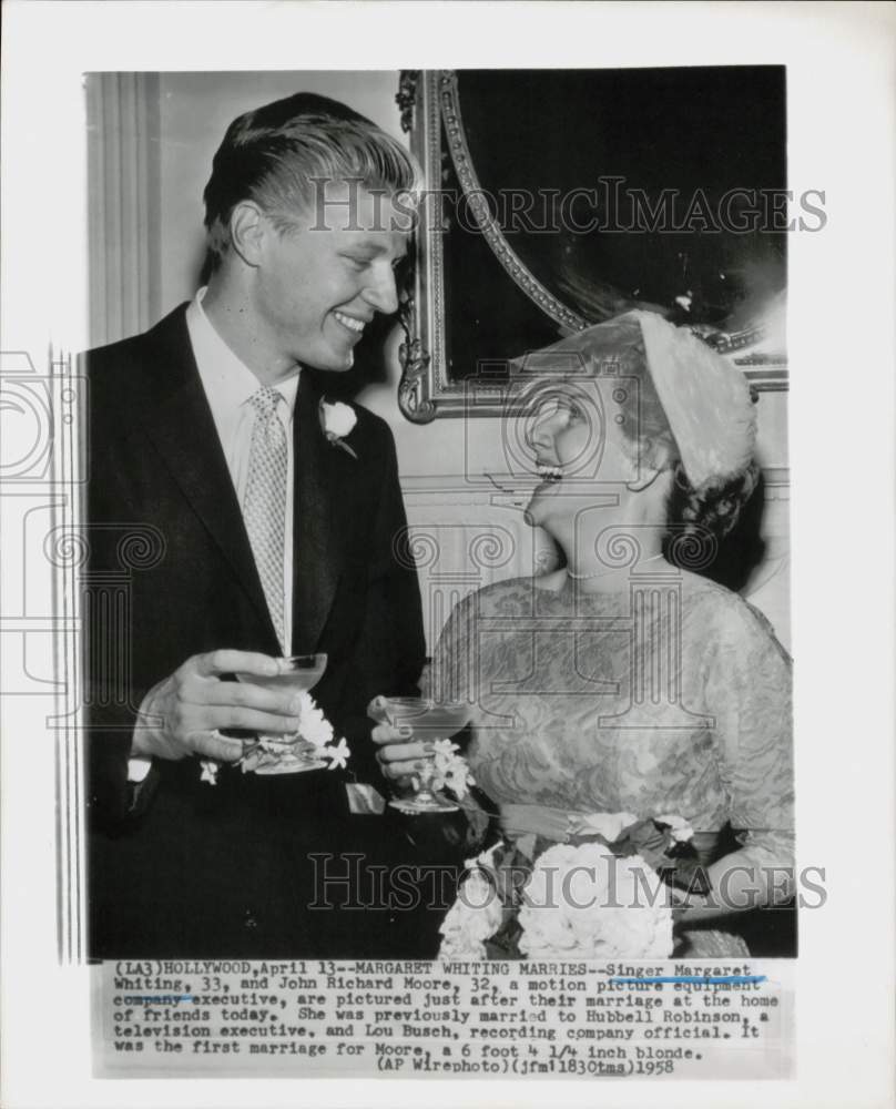 1958 Press Photo Margaret Whiting and John Richard Moore married in Hollywood.- Historic Images