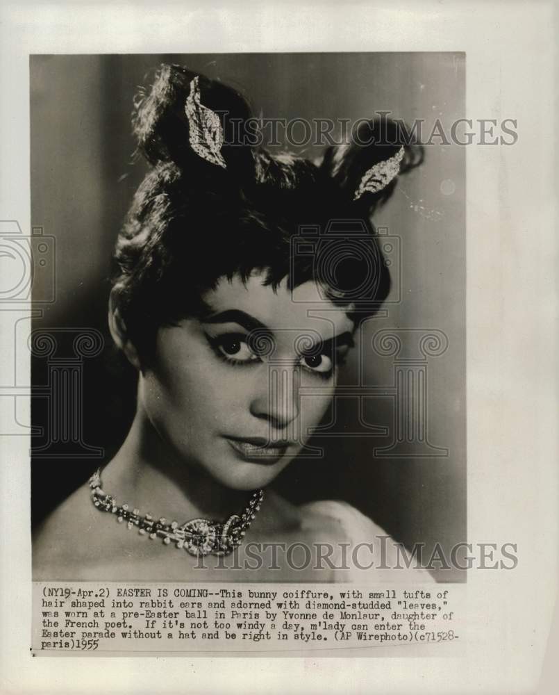 1955 Press Photo Bunny Coiffure Worn at Paris Ball by Yvonne de Monlaur- Historic Images