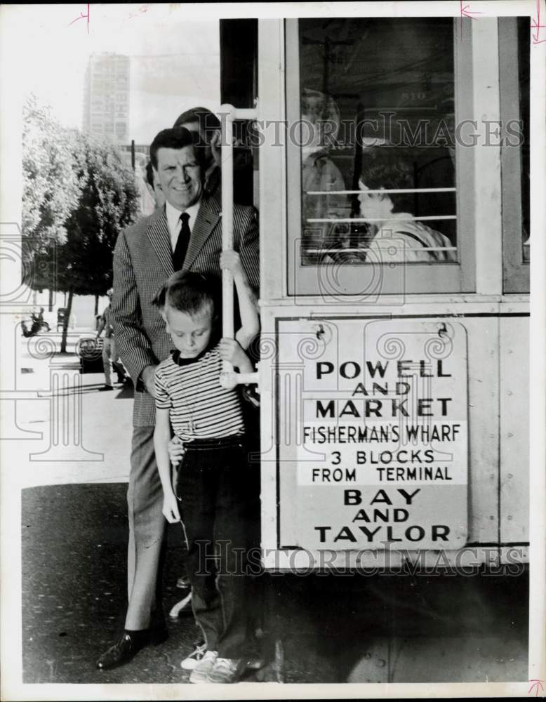 1966 Press Photo Actor Robert Preston &amp; Boy Beside Trolley - hpp26377- Historic Images