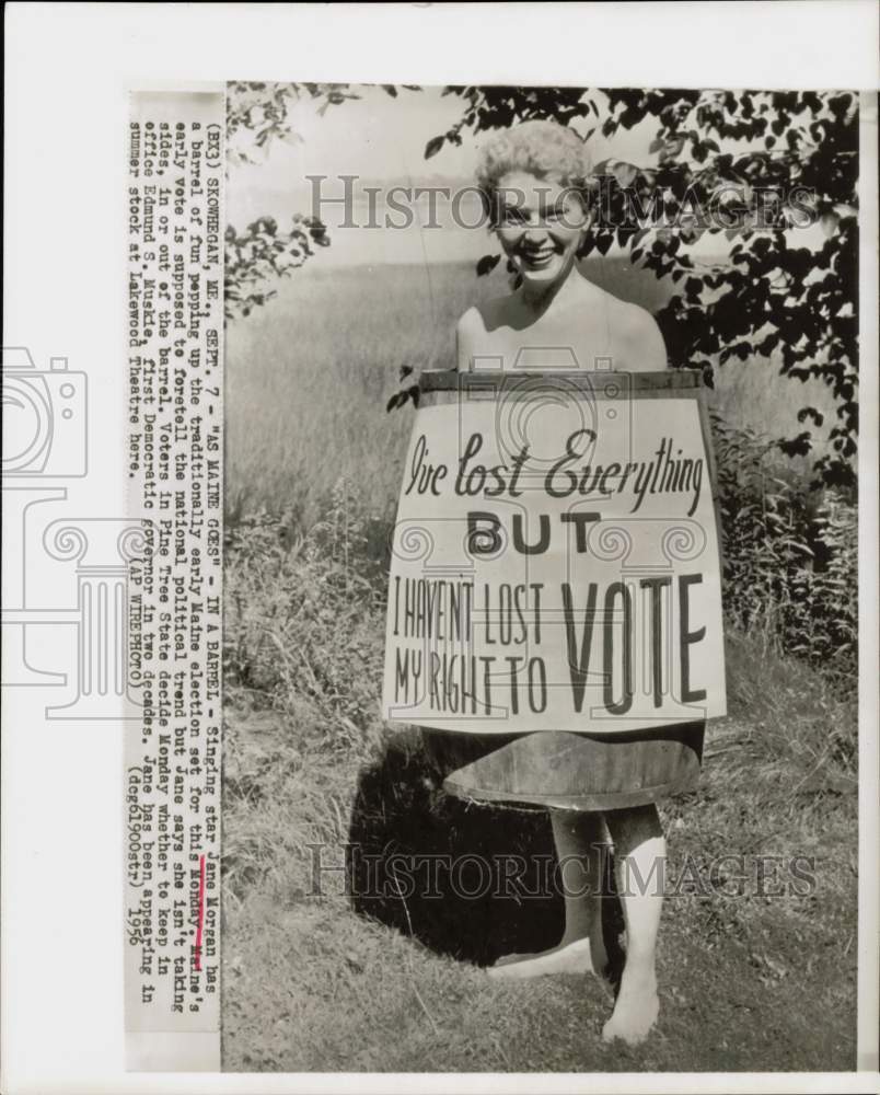 1956 Press Photo Singer Jane Morgan with Campaign Sign in Maine - hpp26438- Historic Images