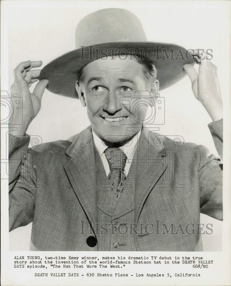 1962 Press Photo Alan Young stars as John B. Stetson in Death Valley Days series- Historic Images