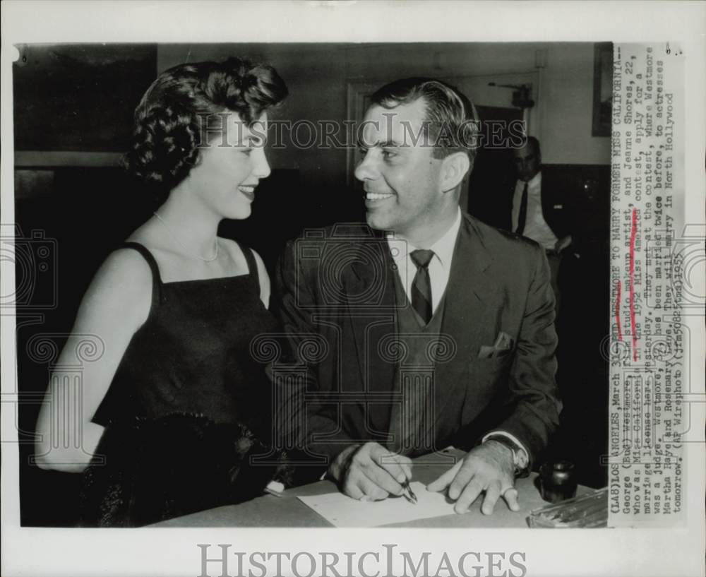 1955 Press Photo Bud Westmore &amp; Jeanne Shores Get Marriage License in L.A.- Historic Images