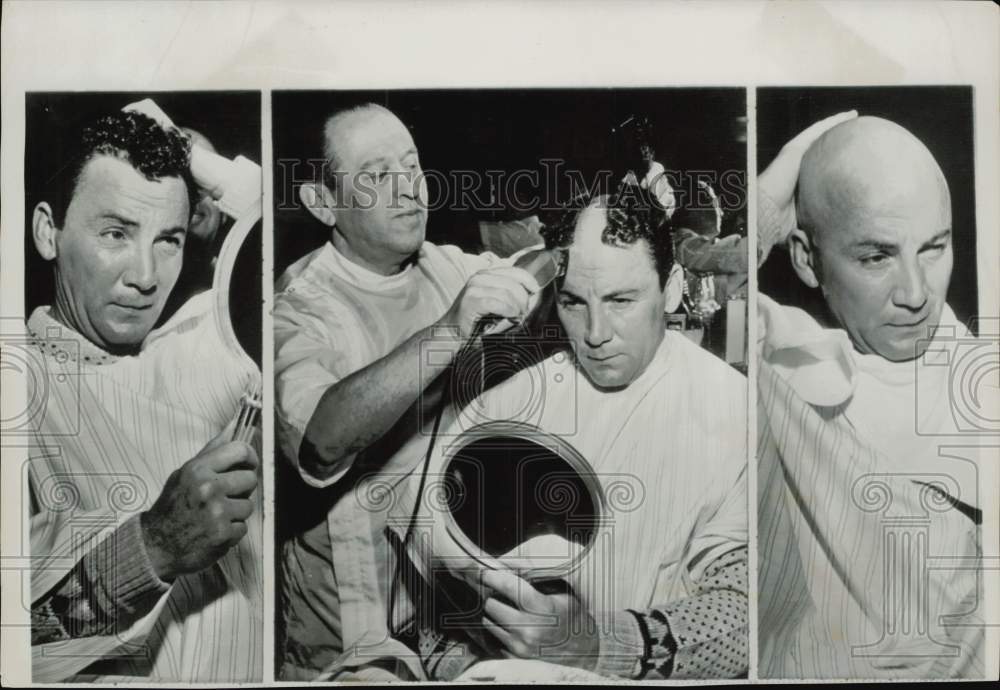 1958 Press Photo Actor Cameron Mitchell Shaved Bald in Hollywood by Sy Devore- Historic Images