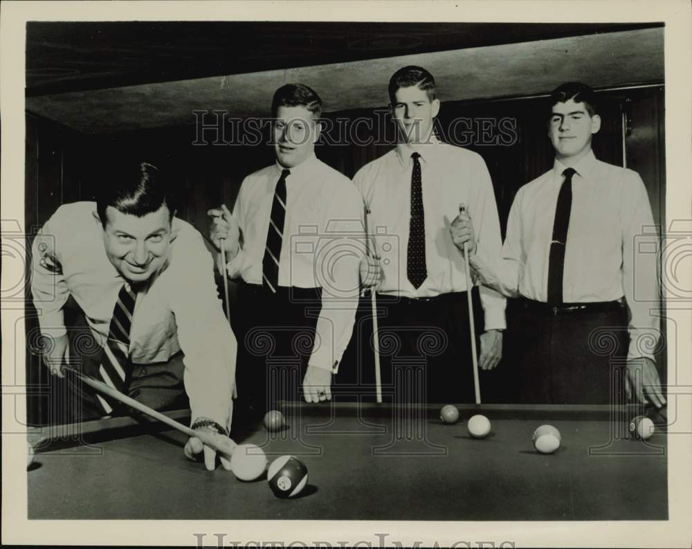 1956 Press Photo TV Host Don McNeill &amp; Three Sons Play Pool - hpp29577- Historic Images