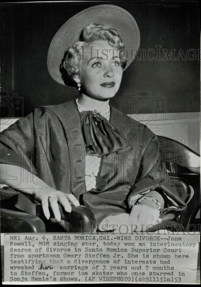 1953 Press Photo Jane Powell testifies in Santa Monica divorce court.- Historic Images