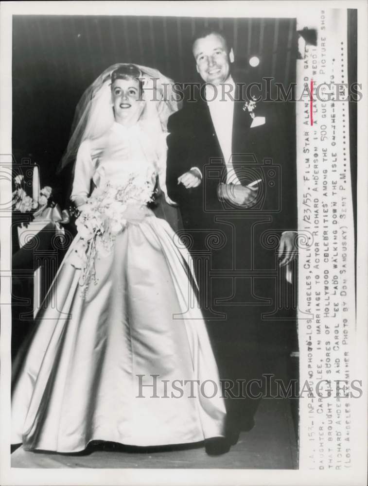 1955 Press Photo Richard Anderson and Carol Lee Ladd at Their Wedding- Historic Images