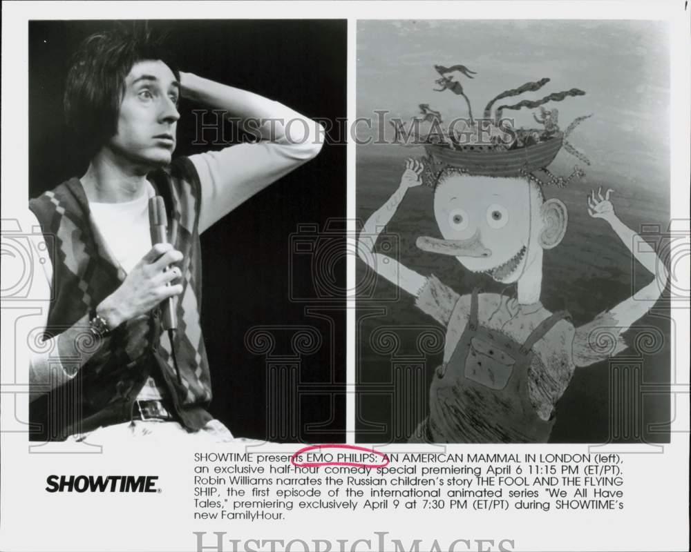 Press Photo Emo Philips in TV Special, Scene from &quot;The Fool And The Flying Ship&quot;- Historic Images