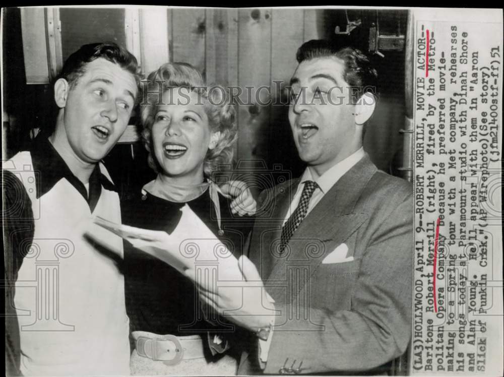 1951 Press Photo Baritone Robert Merrill, Dinah Shore, Alan Young at Paramount- Historic Images