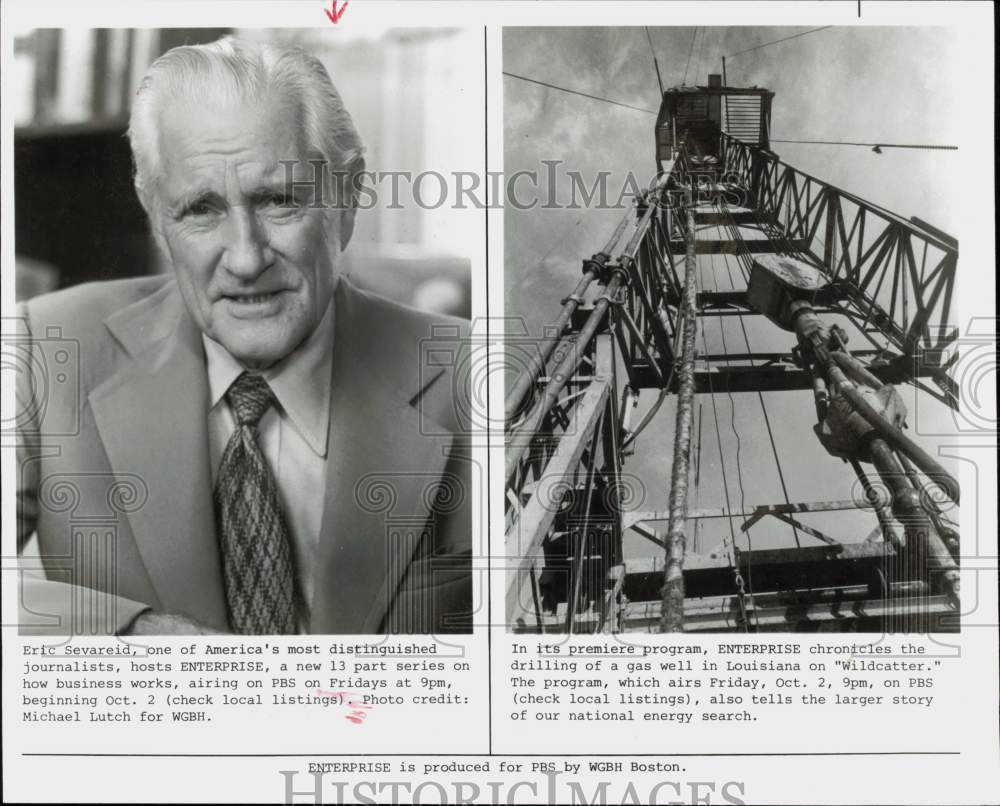 1982 Press Photo Eric Sevareid, Host of &quot;Enterprise&quot; &amp; Louisiana Gas Well- Historic Images