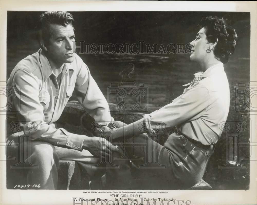 1956 Press Photo Actor Fernando Lamas &amp; Rosalind Russell in &quot;The Girl Rush&quot;- Historic Images